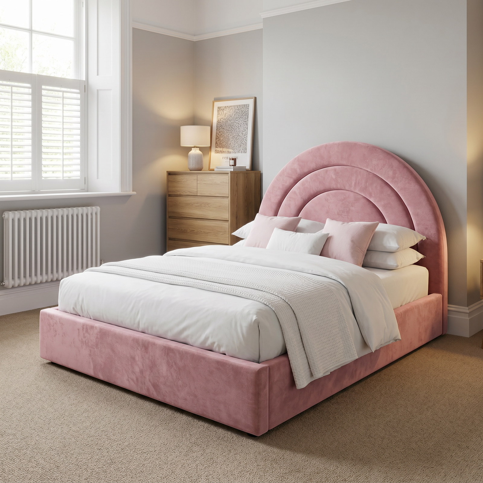 freepik_use-the-provided-bed-imag_2871871265 Pink Velvet Kids Bed with Rainbow Arch Headboard – Single Bed Gas Lift Kids Bed - Image 1