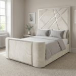 Brand New Elegant TV Bed – Plush Velvet with Geometric Chrome Headboard | Modern Designer Bedroom Furniture