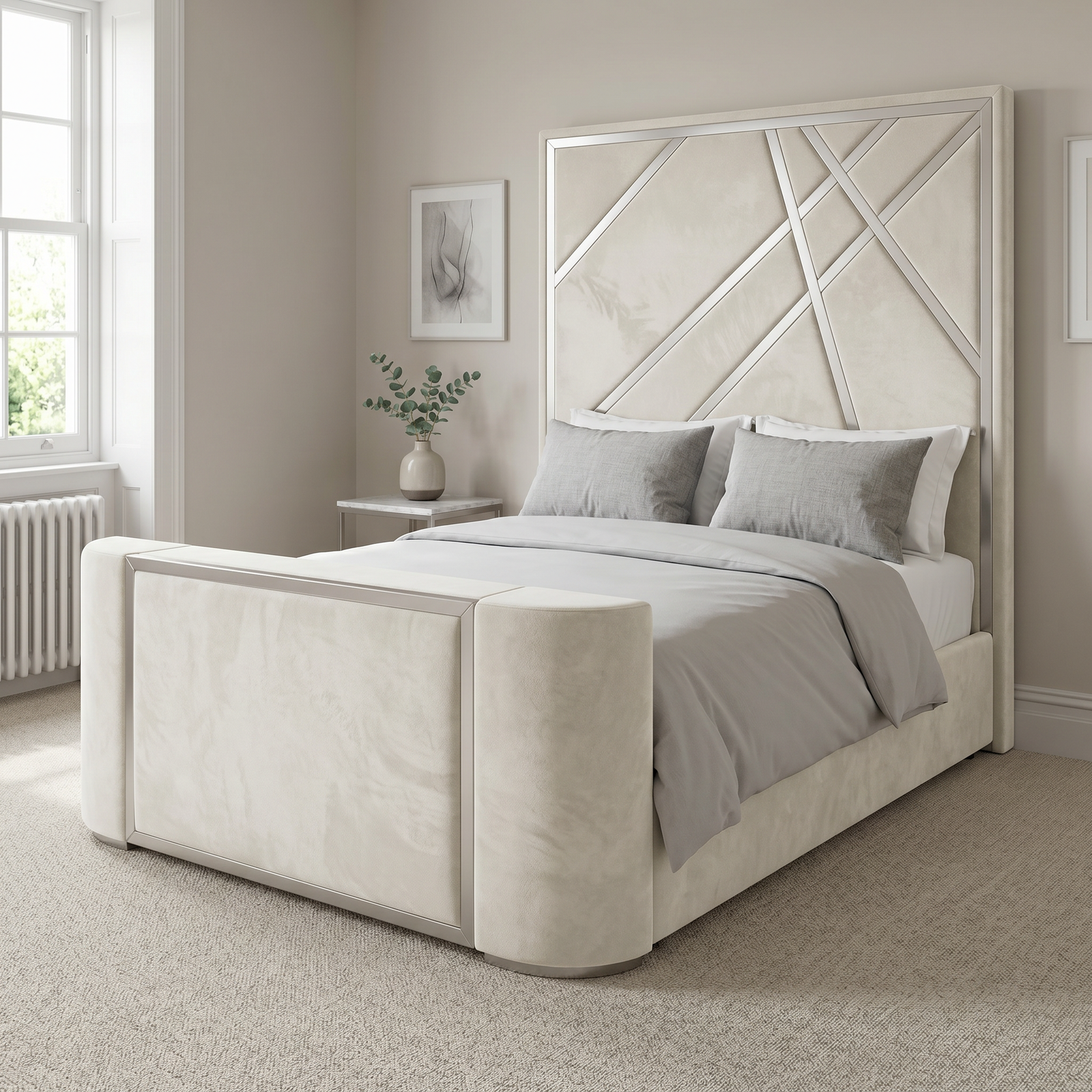 magnific__use-the-provided-bed-image-as-the-exact-base-refer__34110 Brand New Elegant TV Bed – Plush Velvet with Geometric Chrome Headboard | Modern Designer Bedroom Furniture - Image 1