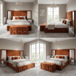 Brand New Elegant Luxury Beds – Special Designer Beds Rust Velvet Hexagonal Headboard with Wallmounted Side Mirrors & Ottoman - Image 2