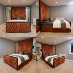 Brand New Elegant Luxury Beds – Wallmounted Beds Burnt Orange Velvet Geometric Frame with Tall Headboard & Side Mirrors - Image 2