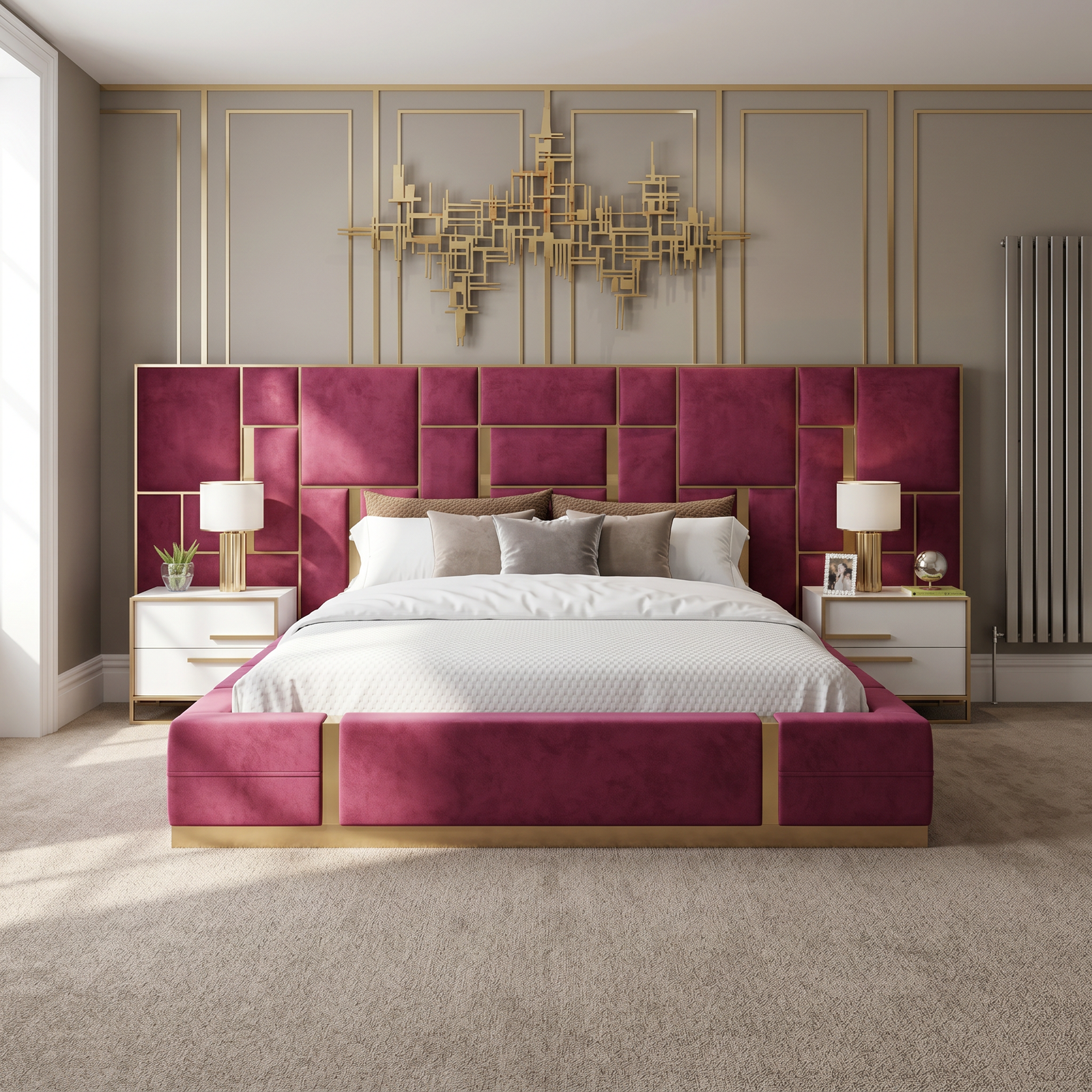 freepik__use-the-provided-bed-image-as-the-exact-base-refer__43392 Brand New Elegant Luxury Beds – Special Designer Beds Velvet Geometric Platform Frame - Image 1