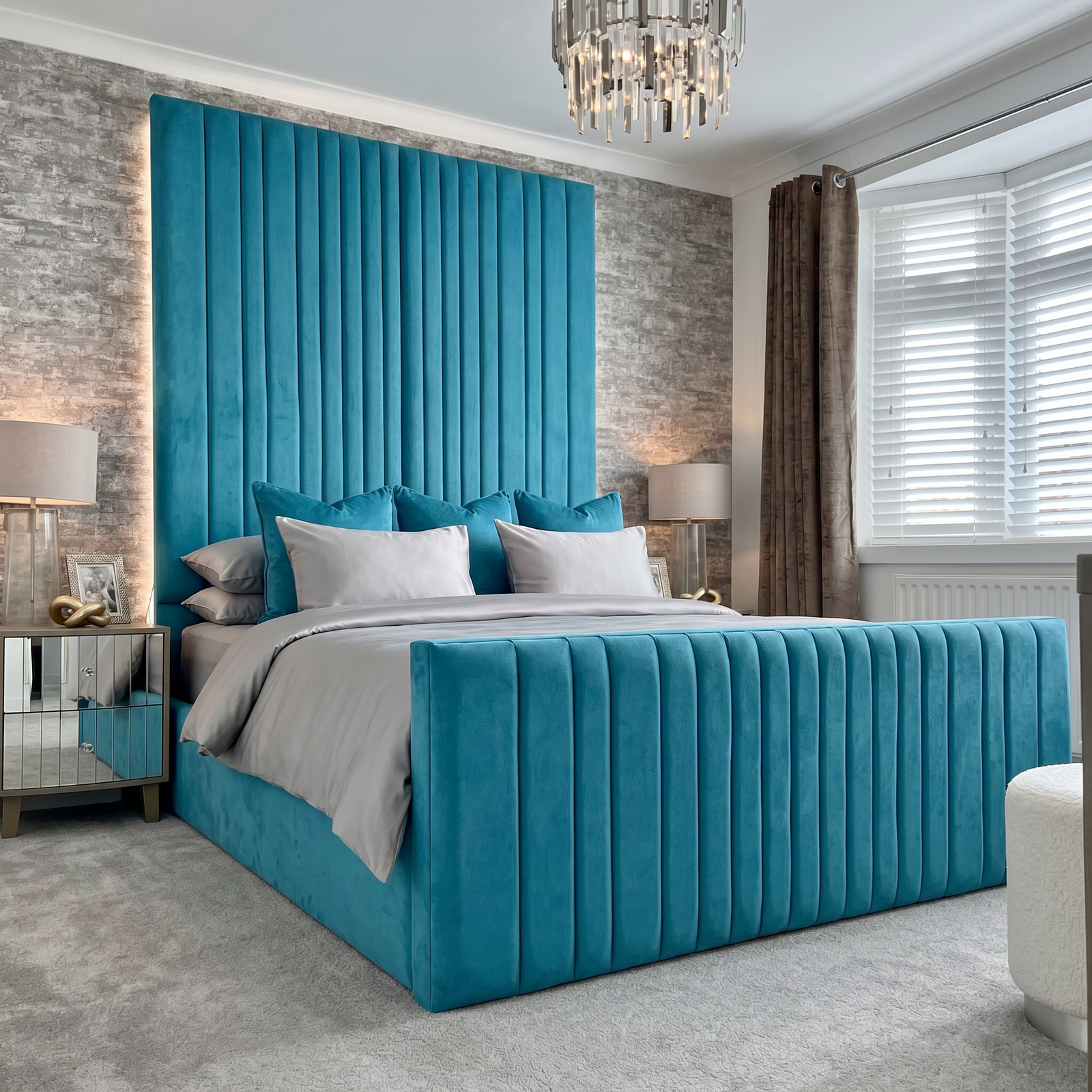 freepik__use-the-provided-bed-image-as-the-exact-base-refer__45720 Special Designer Beds – Velvet Tall Headboard Line Beds Frame - UK Handcrafted - Image 1