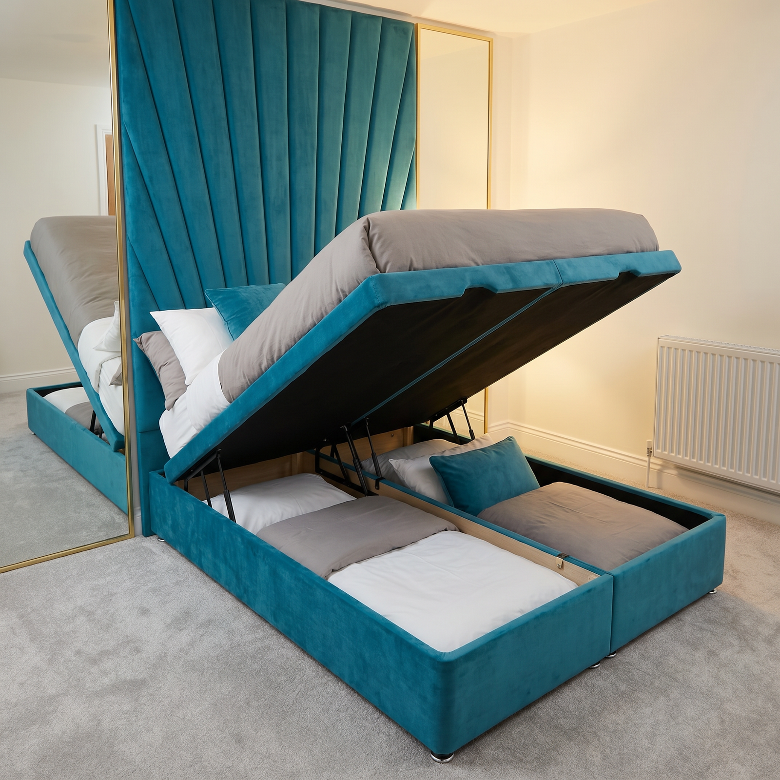 freepik__use-the-provided-bed-image-as-the-exact-base-refer__60263 Special Designer Beds – Velvet Tall Headboard Line Beds Ottoman Frame - UK Handcrafted - Image 1