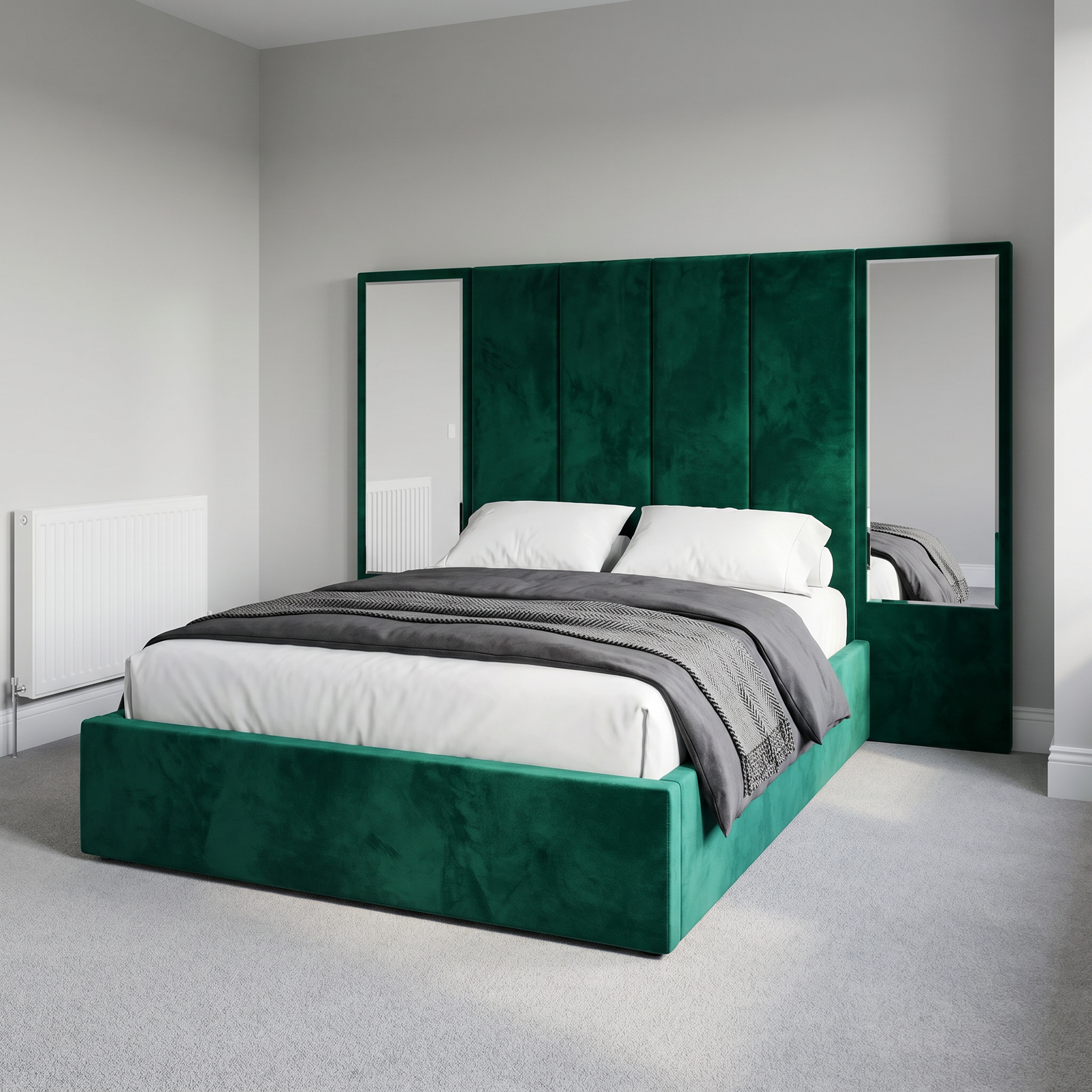 freepik__use-the-provided-bed-image-as-the-exact-base-refer__65153 Brand New Elegant Wallmounted Beds – Luxury Beds Emerald Green Velvet with Wallmounted Side Mirrors - Image 1