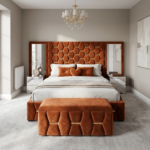 Brand New Elegant Luxury Beds – Special Designer Beds Rust Velvet Hexagonal Headboard with Wallmounted Side Mirrors & Ottoman