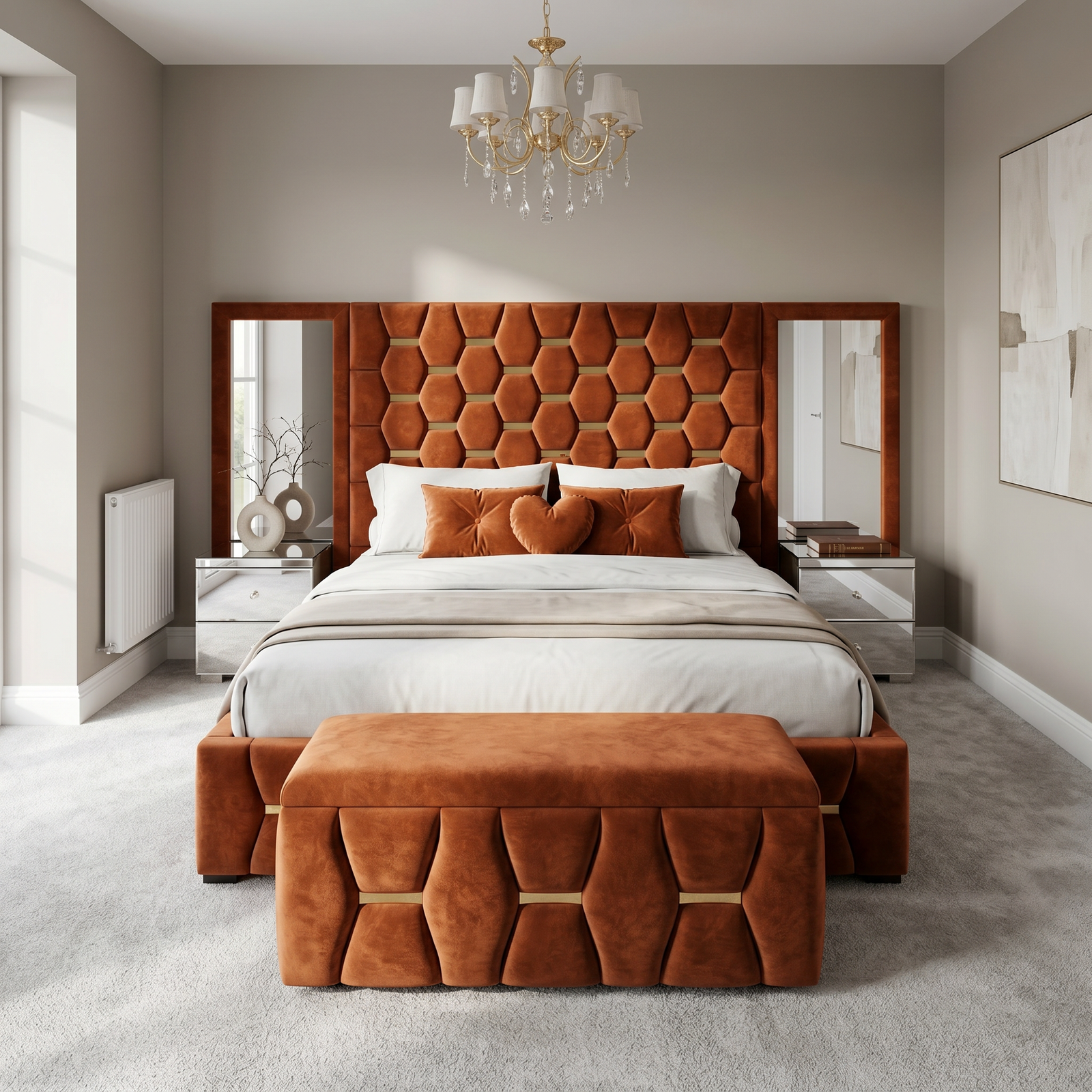 freepik__use-the-provided-bed-image-as-the-exact-base-refer__73474 Brand New Elegant Luxury Beds – Special Designer Beds Rust Velvet Hexagonal Headboard with Wallmounted Side Mirrors & Ottoman - Image 1