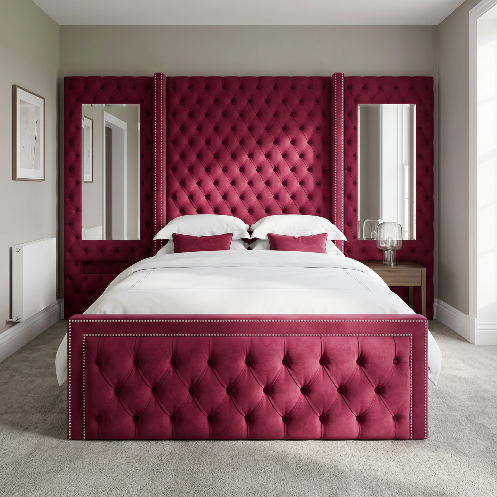 freepik__use-the-provided-bed-image-as-the-exact-base-refer__92217 Brand New Wallmounted Beds – Luxury Beds Wine Red Velvet Chesterfield with Integrated Side Mirrors - UK Handcrafted - Image 1