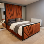 Brand New Elegant Luxury Beds – Wallmounted Beds Burnt Orange Velvet Geometric Frame with Tall Headboard & Side Mirrors