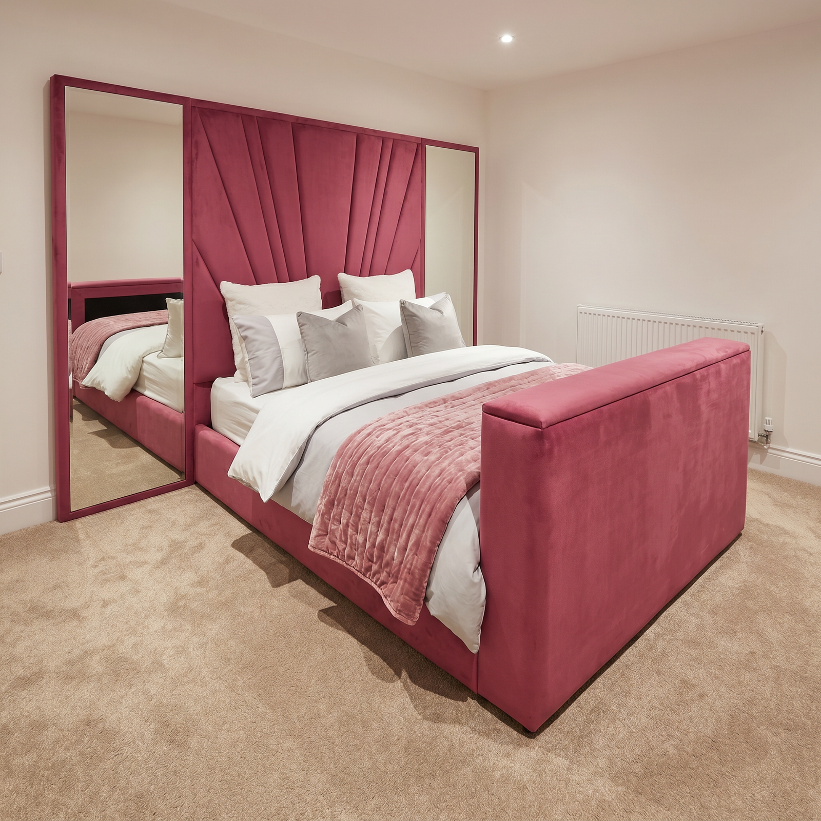 freepik__use-the-provided-bed-image-as-the-exact-base-refer__93022 Brand New Wallmounted Beds – Luxury Beds Dusty Pink Velvet Geometric Frame with Side Mirrors - UK Handcrafted - Image 1