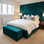 Brand New Wallmounted Beds – Luxury Beds Emerald Green Velvet Fully Wallmounted Frame with Tall Headboard & Ottoman Bench