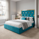 Brand New Elegant Luxury Beds – Special Designer Beds Velvet Hexagonal Headboard with Gold Trim