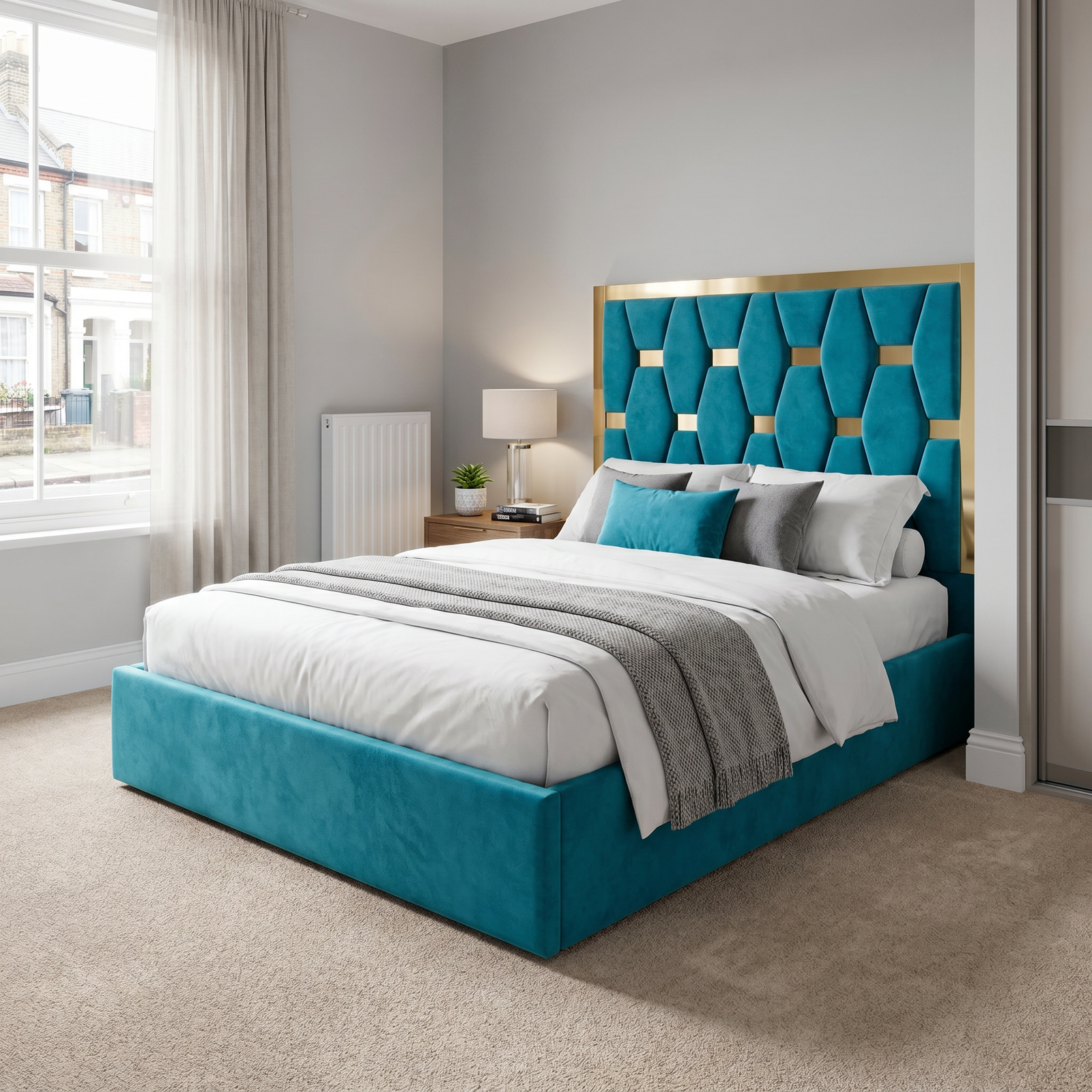 freepik__use-the-provided-bed-image-as-the-exact-base-refer__93040 Brand New Elegant Luxury Beds – Special Designer Beds Velvet Hexagonal Headboard with Gold Trim - Image 1
