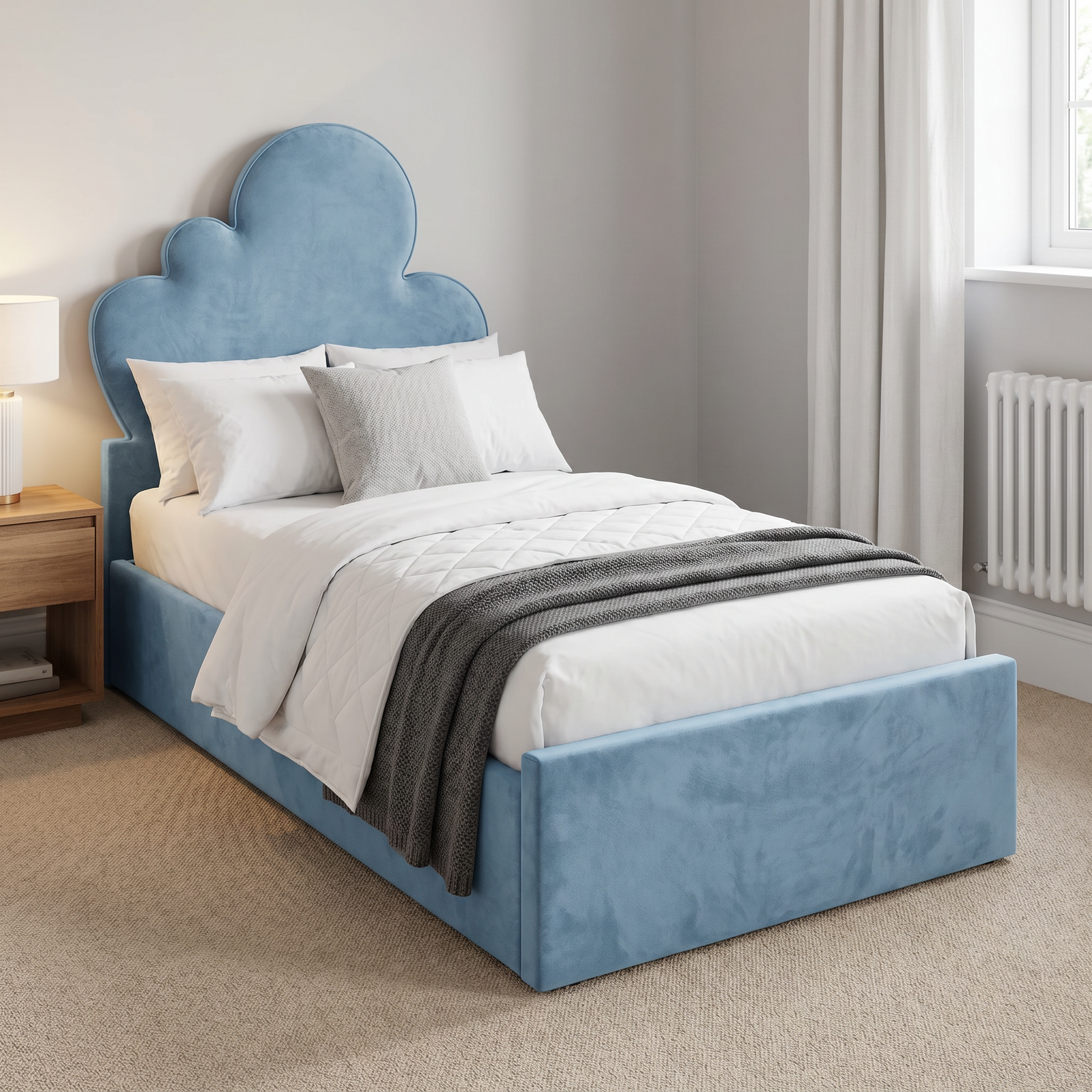 freepik_use-the-provided-bed-imag_2872588117 Blue Velvet Luxury Kids Bed with Gas Lift Storage & Scalloped Headboard - UK Handcrafted - Image 1