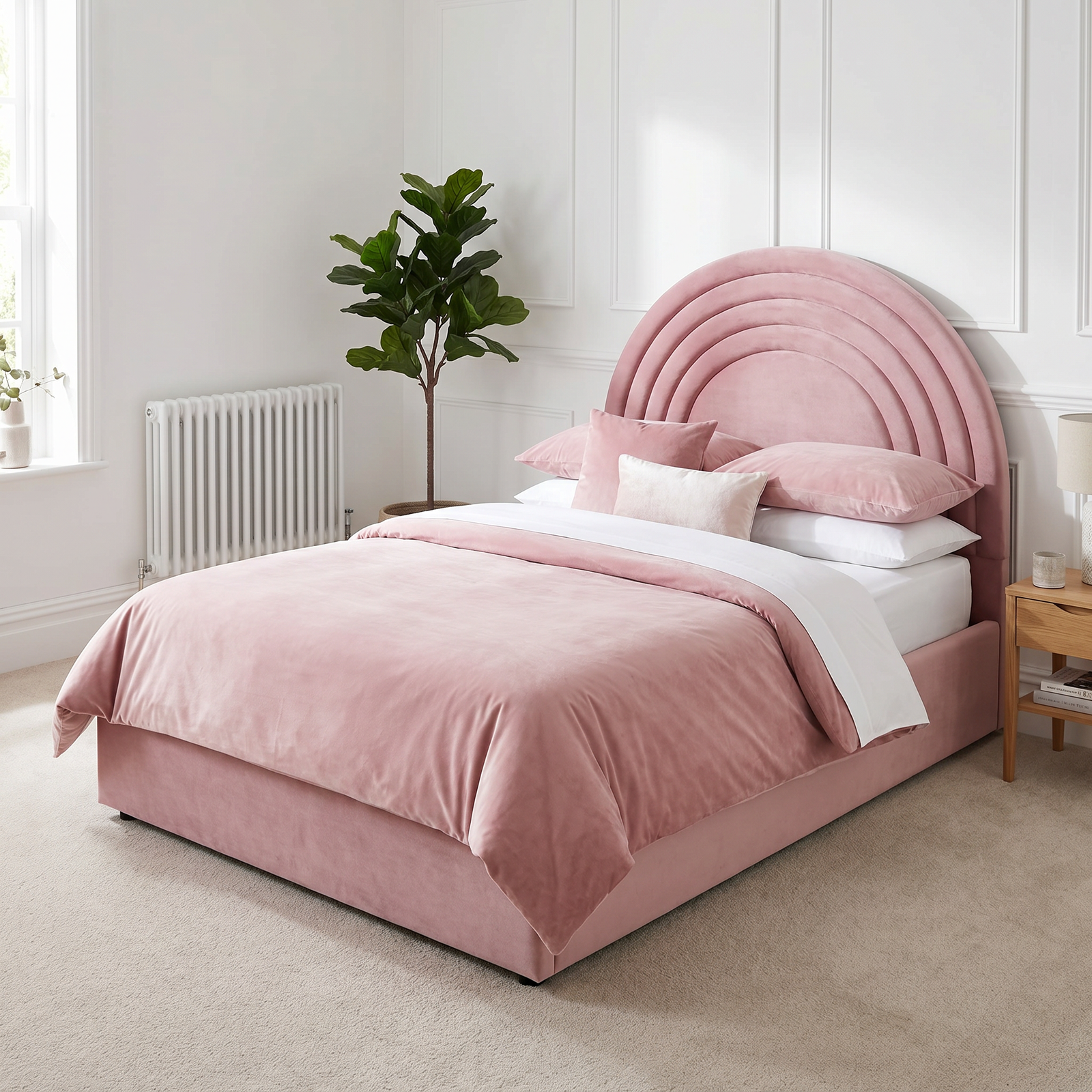 freepik_use-the-provided-bed-imag_2873145250 UK Handcrafted Pink Velvet Kids Bed Frame – Gas Lift Storage & Rainbow Arch Headboard - Image 1