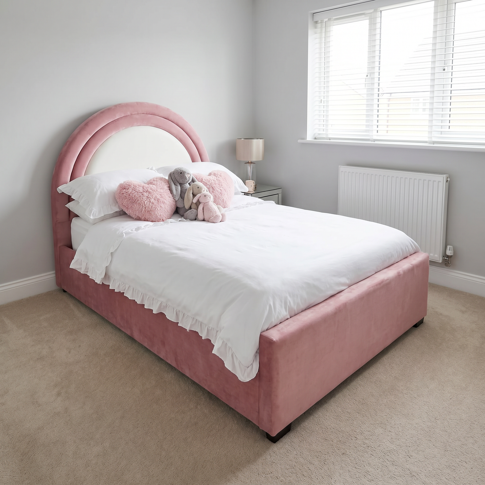 freepik_use-the-provided-bed-imag_2873206559 Pink Velvet Kids Bed with Gas Lift Storage & Contrast Arch Headboard - UK Handcrafted - Image 1