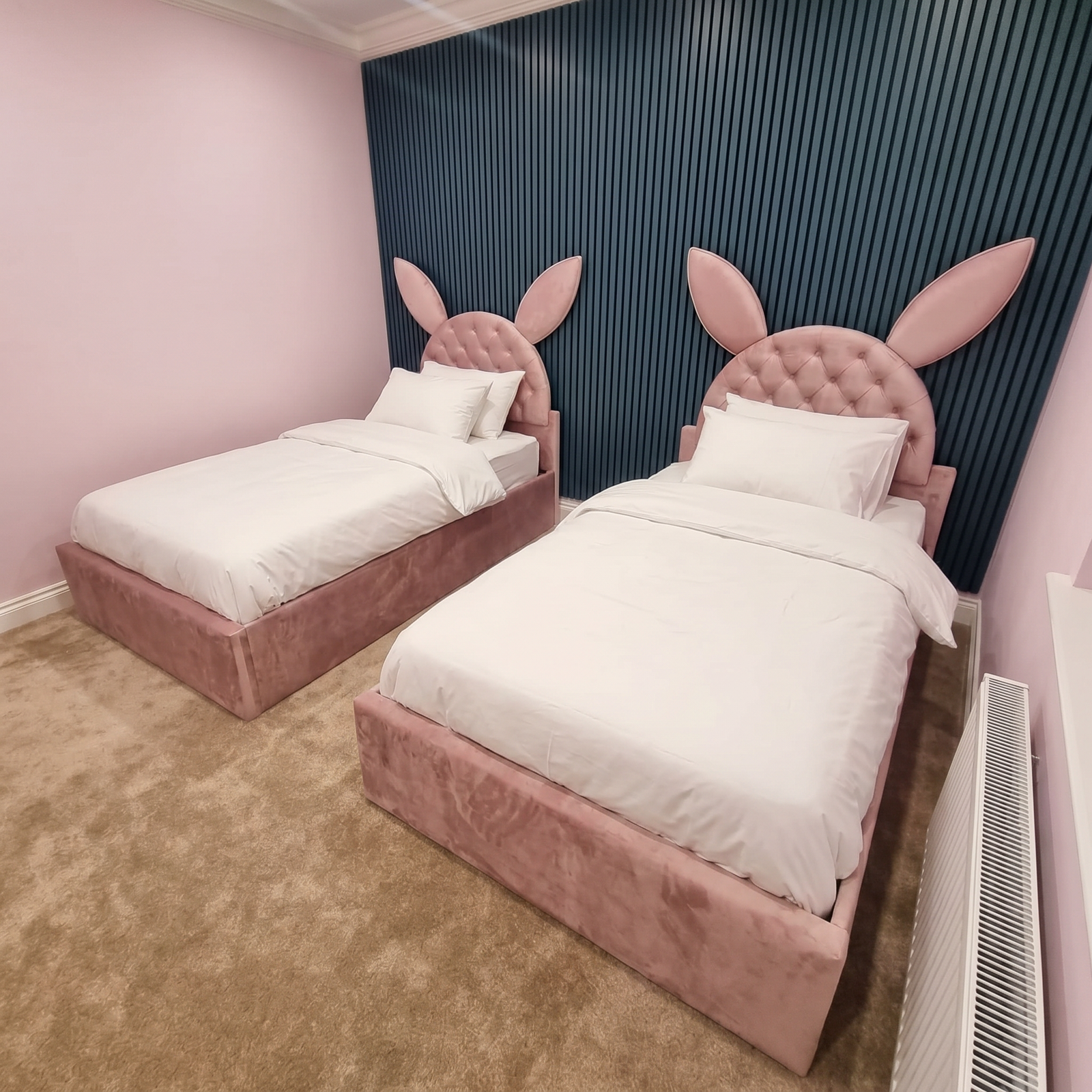 freepik_use-the-provided-bed-imag_2873280990 Luxury Bunny Ear Kids Bed Frame – Pair of Tufted Single Beds with Upholstered Base - Image 1