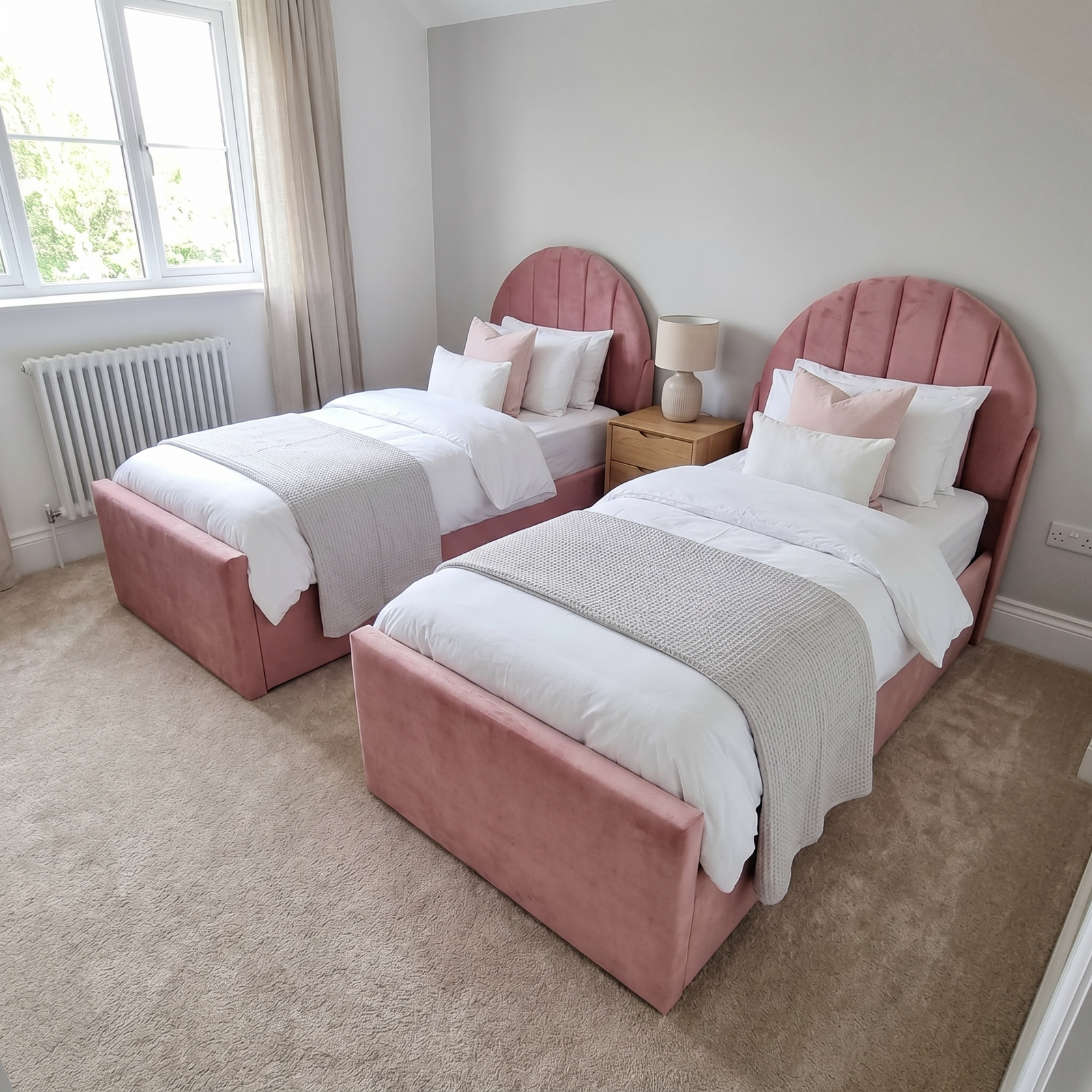 freepik_use-the-provided-bed-imag_2873365293 Pair of Pink Velvet Kids Beds – UK Handcrafted Gas Lift Storage & Scalloped Shell Headboard - Image 1