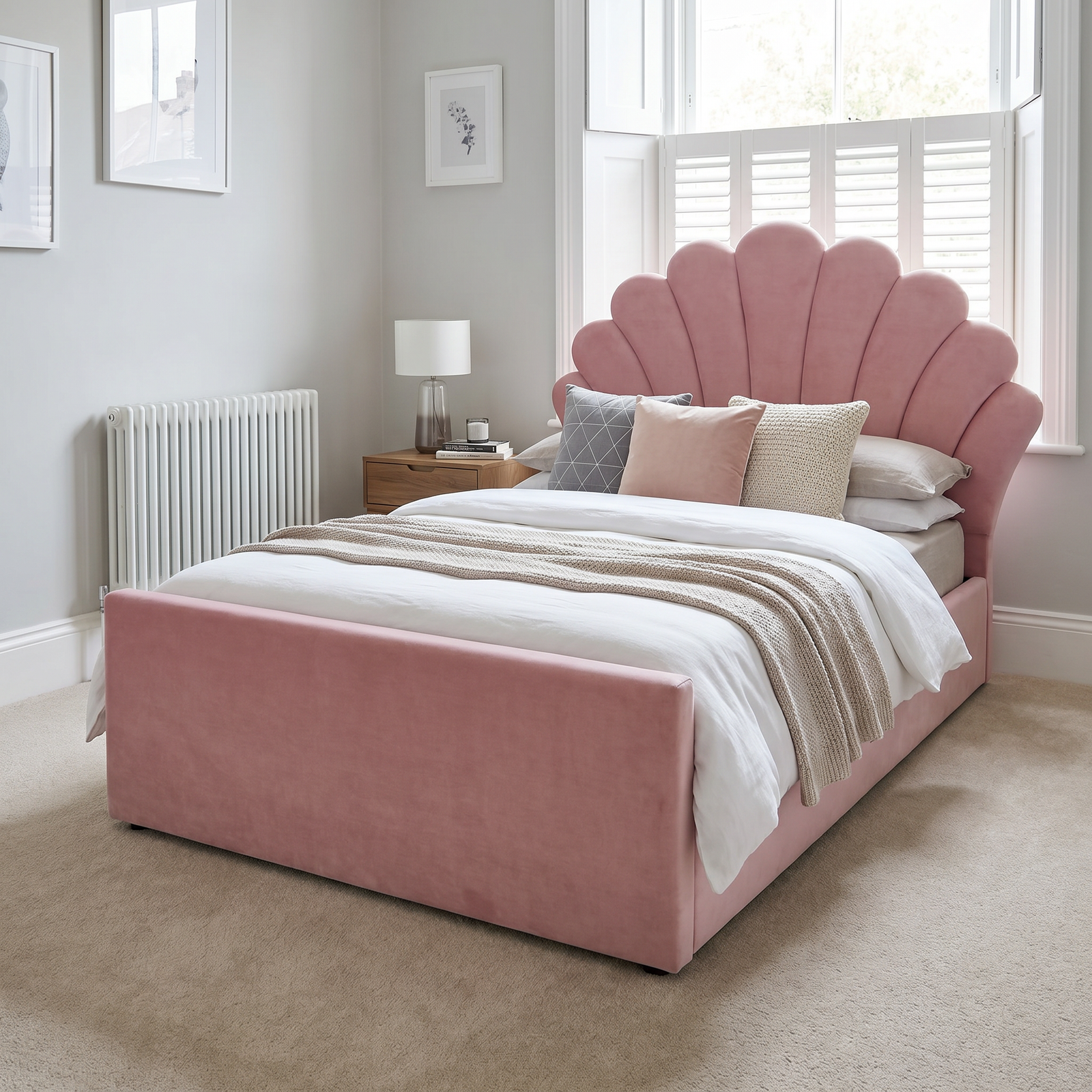 freepik_use-the-provided-bed-imag_2874281306 Luxury Kids Bed with Scalloped Shell Headboard – Upholstered Elegant Bed Frame - Image 1