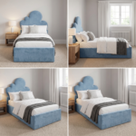 Blue Velvet Luxury Kids Bed with Gas Lift Storage & Scalloped Headboard - UK Handcrafted - Image 2