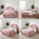 UK Handcrafted Pink Velvet Kids Bed Frame – Gas Lift Storage & Rainbow Arch Headboard - Image 2