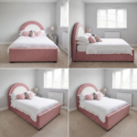 Pink Velvet Kids Bed with Gas Lift Storage & Contrast Arch Headboard - UK Handcrafted - Image 2
