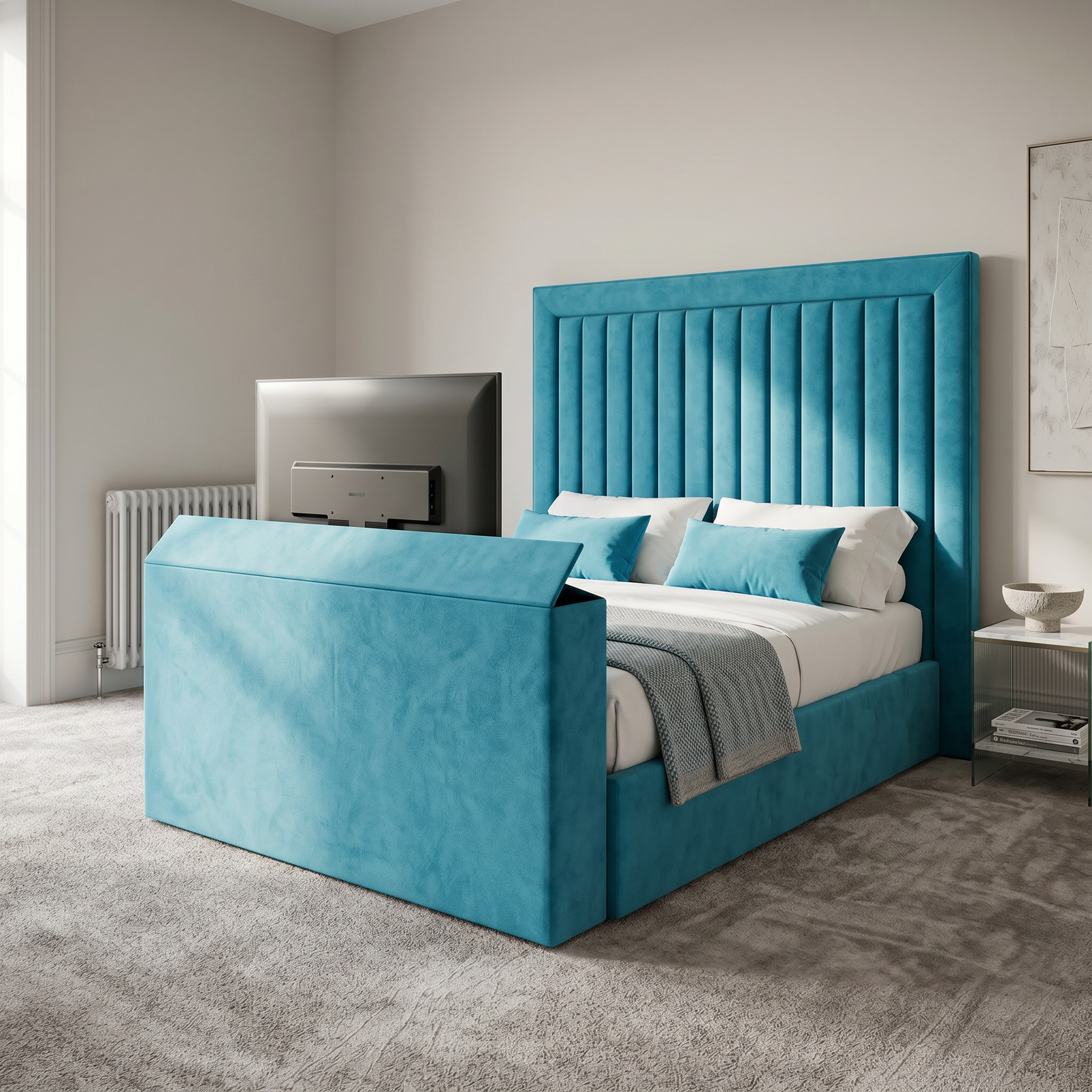 magnific__use-the-provided-bed-image-as-the-exact-base-refer__34108 Special TV Bed – Velvet Channel Tufted Ottoman Frame - UK Handcrafted - Image 1