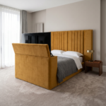 Brand New Luxury Elegant Special TV Bed – Velvet Channel Tufted Headboard with Hidden TV Lift Mechanism