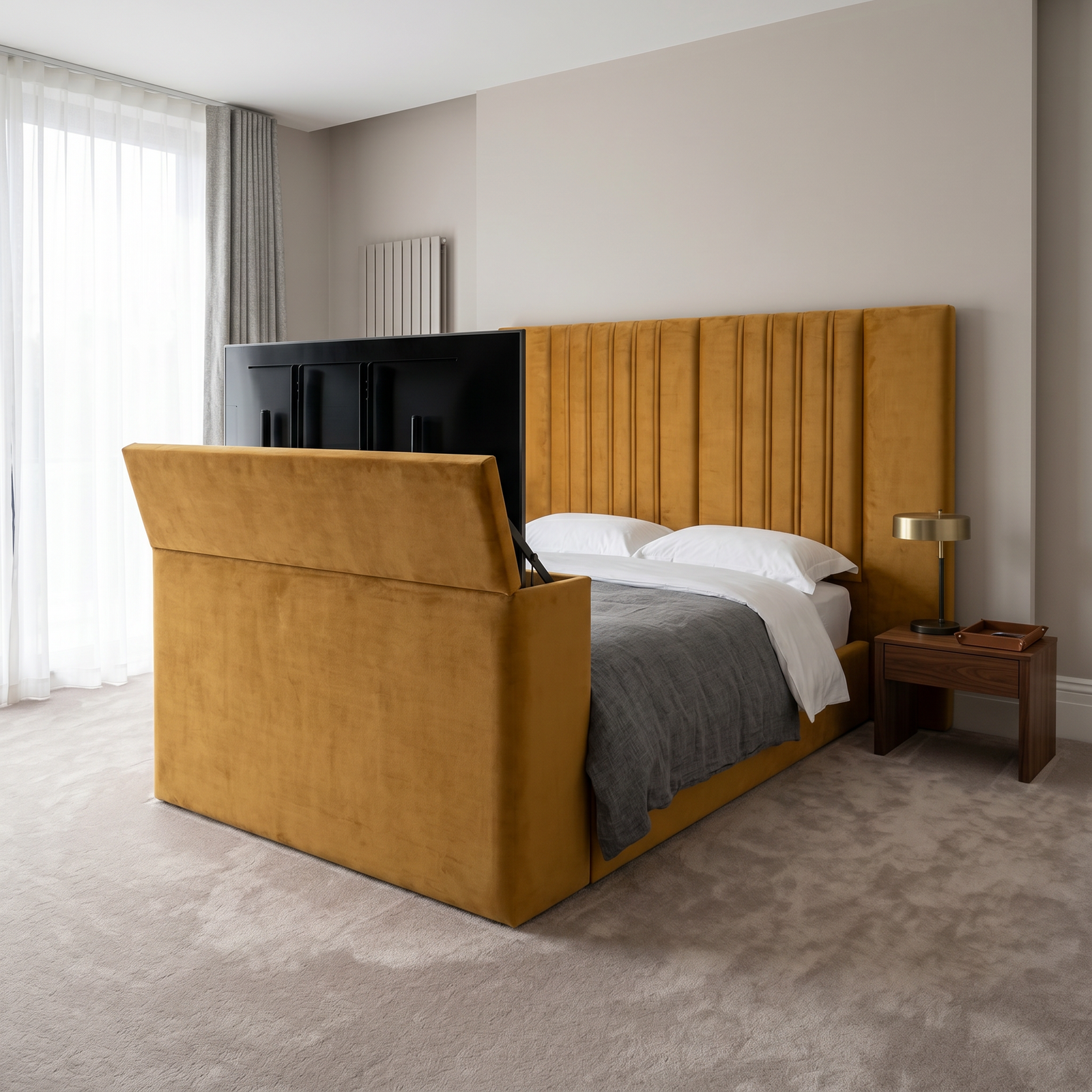magnific__use-the-provided-bed-image-as-the-exact-base-refer__34112 Brand New Luxury Elegant Special TV Bed – Velvet Channel Tufted Headboard with Hidden TV Lift Mechanism - Image 1