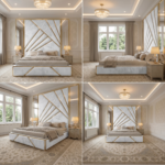 Brand New Elegant Luxury Beds – Wallmounted Beds White Velvet Geometric Tall Headboard with Mirrors - UK Handcrafted - Image 2