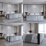 Brand New Elegant Full Wallmounted Beds – Luxury Silver Velvet Panel with Black Frame & Integrated Mirrors - Image 2
