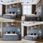 Brand New Elegant Wallmounted Beds – Luxury Beds with Long Width Headboard in Blue Velvet - UK Handcrafted - Image 2