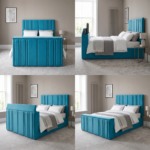 Crushed velvet bed with built in TV – teal channel tufted frame, gas lift ottoman base