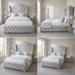 Elegant Luxury Beds – Silver Grey Velvet Chesterfield Wingback Sleigh Frame - UK Handcrafted - Image 2