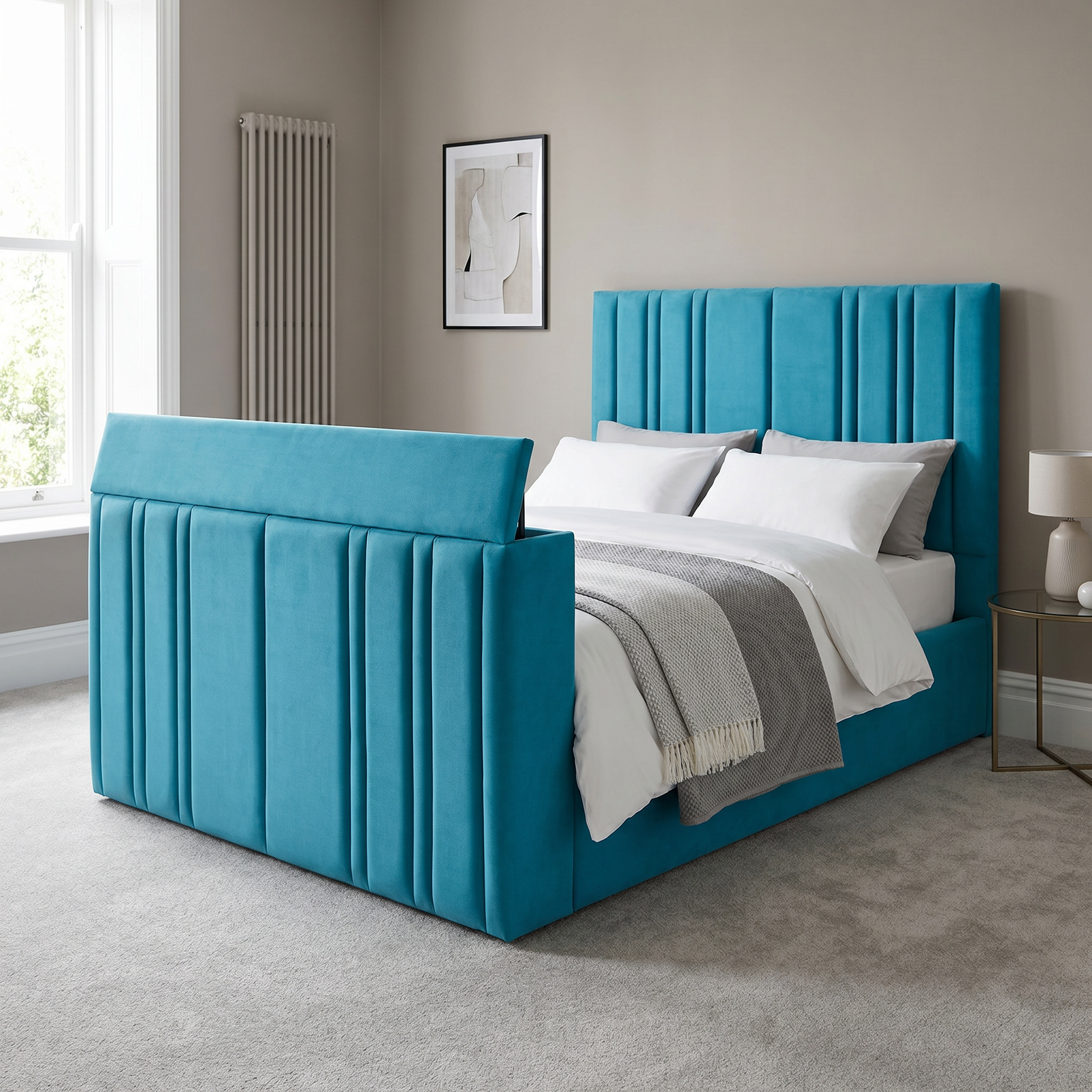 magnific_use-the-provided-bed-imag_2941102428 Brand New Special TV Bed – Velvet Channel Tufted Ottoman Frame with Hidden TV Lift - Image 1