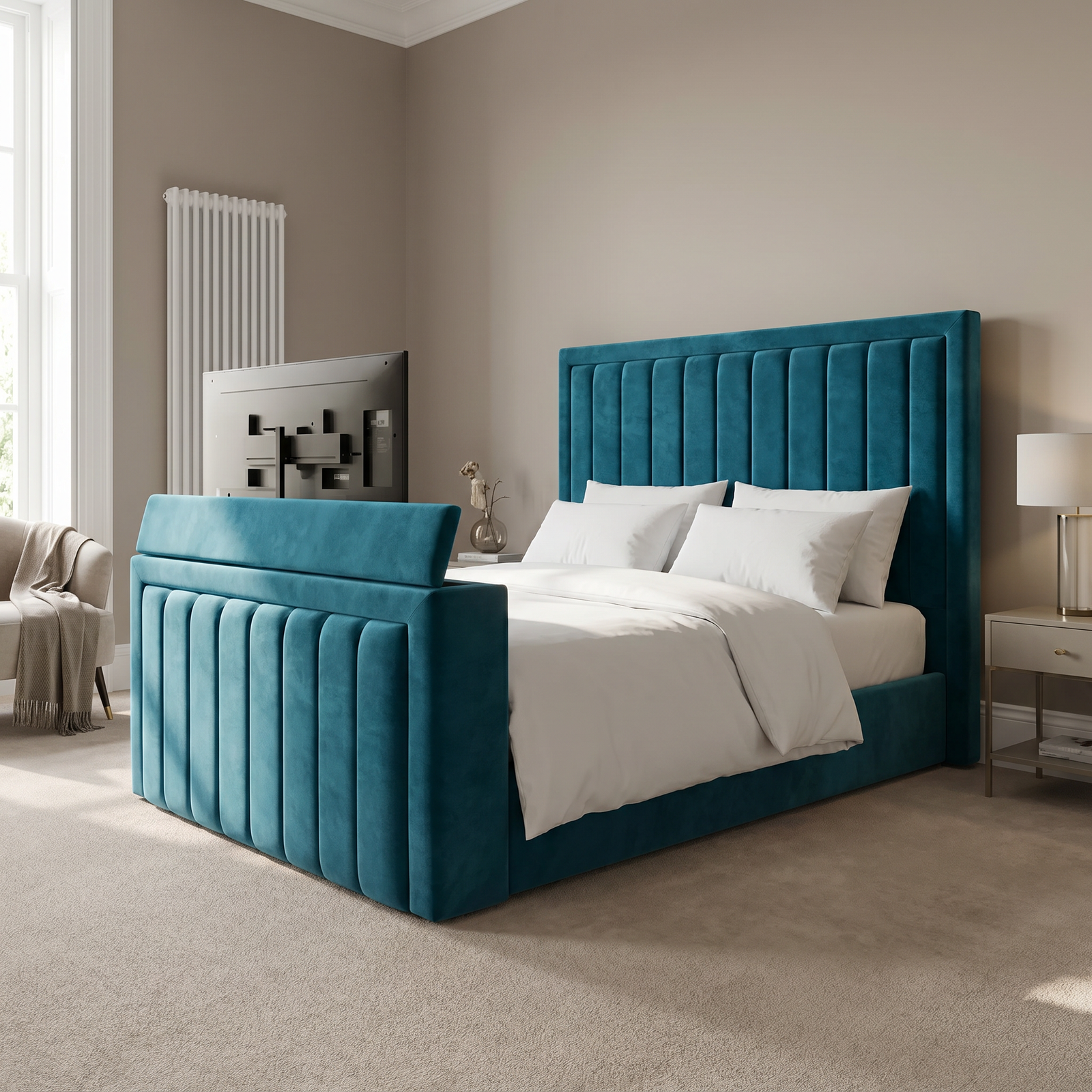 magnific_use-the-provided-bed-imag_2941134161 Brand New Elegant Special TV Bed – Velvet Channel Tufted Ottoman Frame - UK Handcrafted - Image 1
