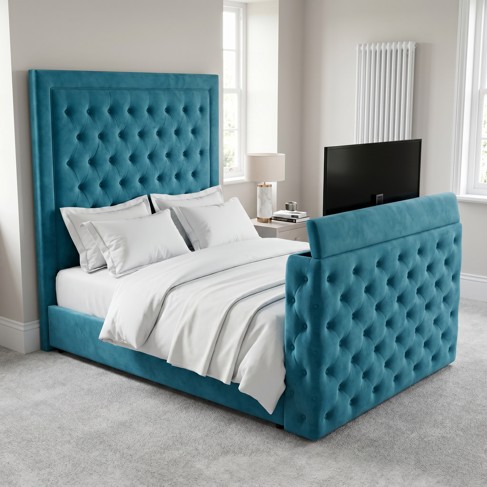 magnific_use-the-provided-bed-imag_2942303764 Elegant Luxury Special TV Bed – Velvet Tufted Ottoman with Hidden TV Lift - UK Handcrafted - Image 1