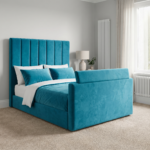 Special TV Bed – Velvet Channel Tufted Ottoman Frame with Hidden TV Lift