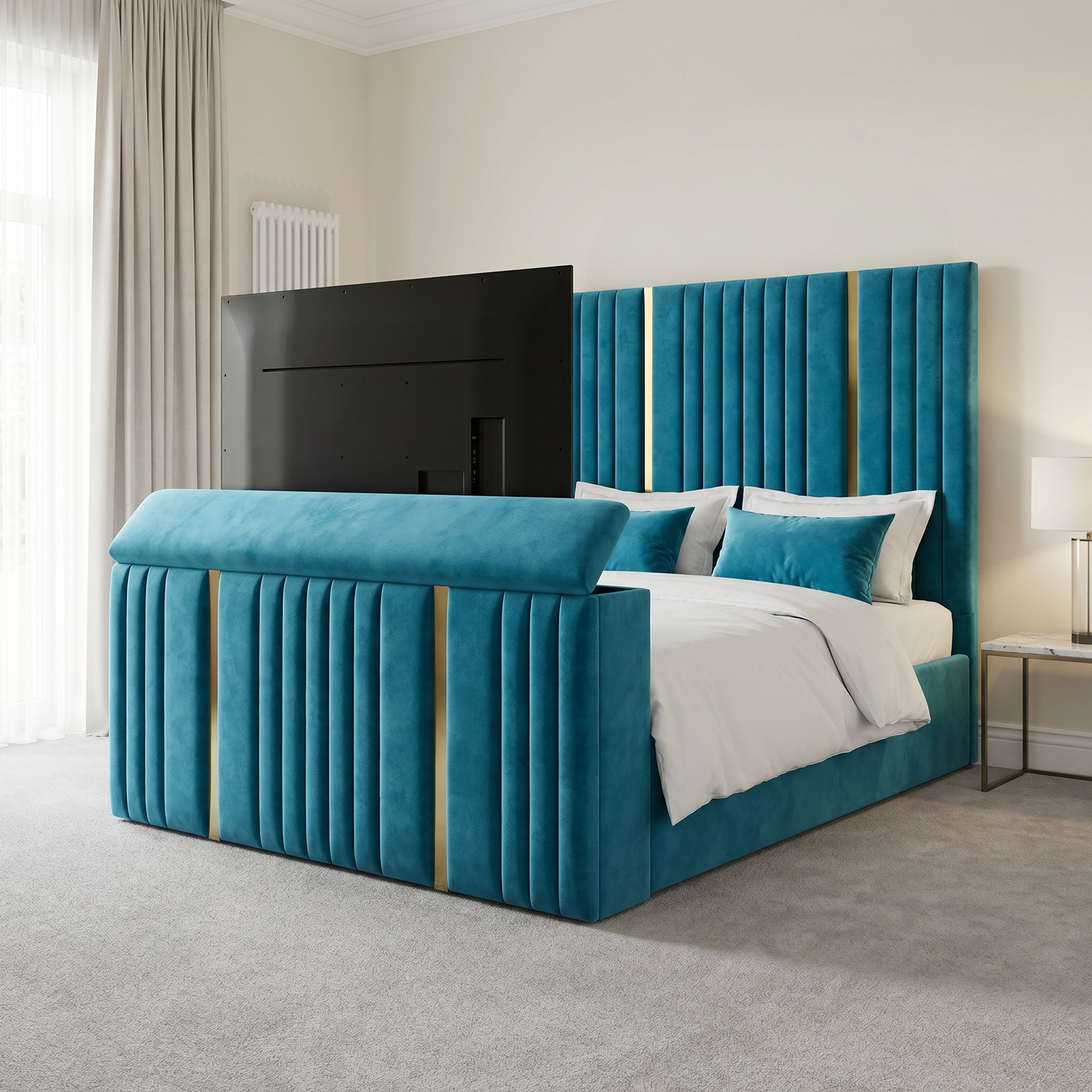 magnific_use-the-provided-bed-imag_2942697481 Brand New Luxury Special TV Bed – Velvet Channel Tufted with Gold Trim - Image 1