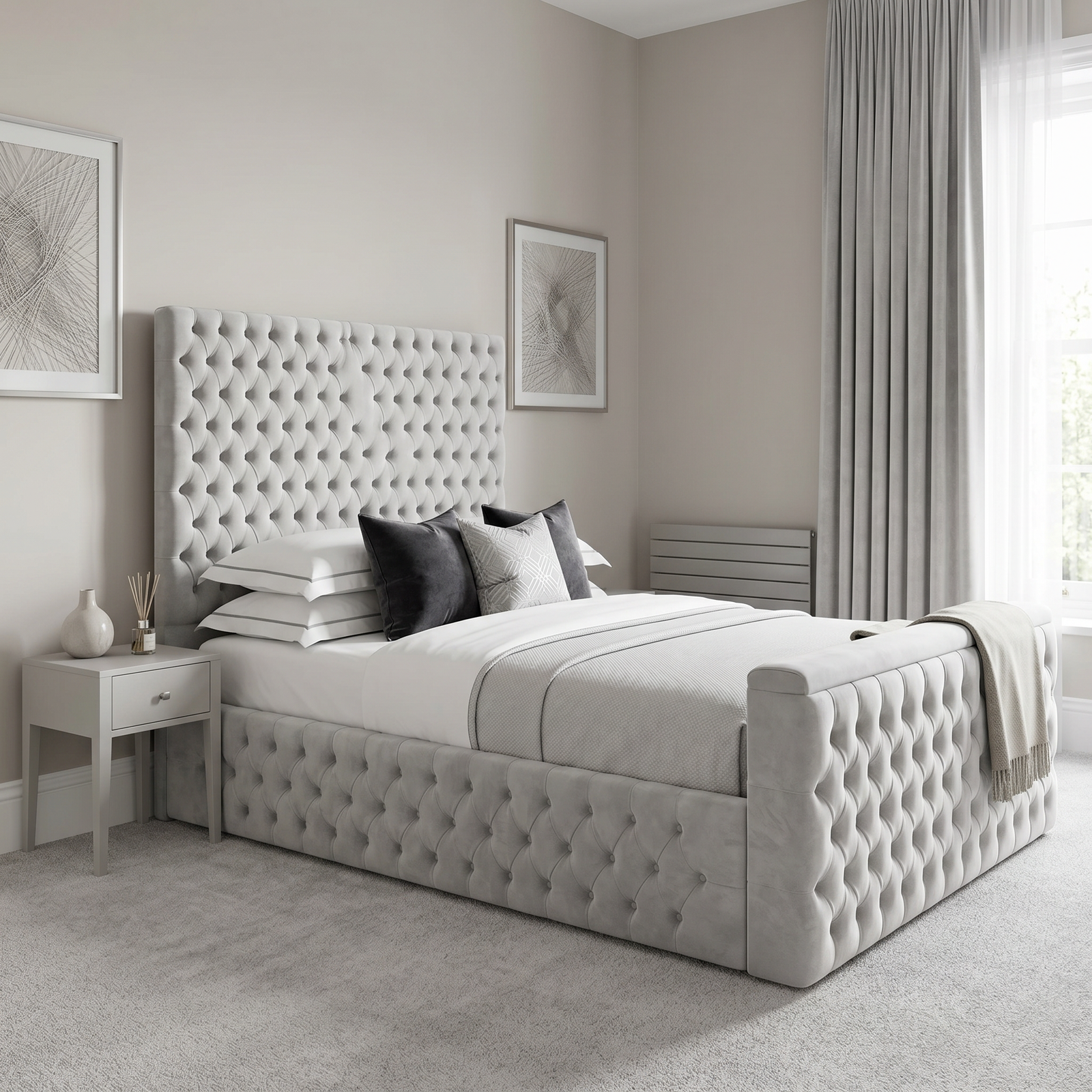 magnific_use-the-provided-bed-imag_2962495316 Brand New Luxury Beds – Grey Velvet Chesterfield Deep Button Tufted Divan Bed Frame - Image 1