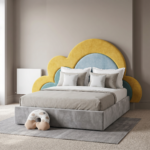 Brand New Elegant Luxury Beds – Multi-Color Cloud Shaped Velvet Headboard Bed Frame with Grey Base - UK Handcrafted