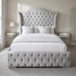 Elegant Luxury Beds – Silver Grey Velvet Chesterfield Wingback Sleigh Frame - UK Handcrafted