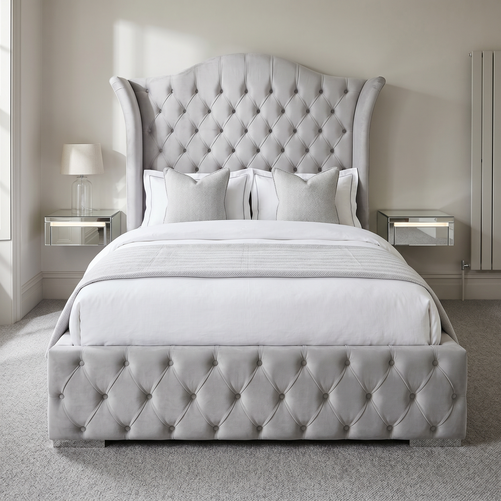 magnific_use-the-provided-bed-imag_2962543531 Elegant Luxury Beds – Silver Grey Velvet Chesterfield Wingback Sleigh Frame - UK Handcrafted - Image 1