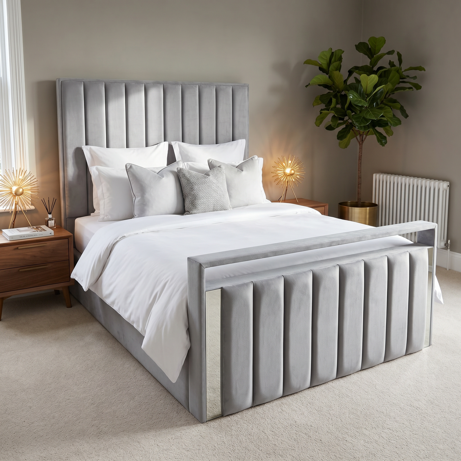 magnific_use-the-provided-bed-imag_2962644332 (1) Brand New Elegant Luxury Beds – Silver Grey Velvet Vertical Tufted Frame with Mirrored Footboard - Image 1