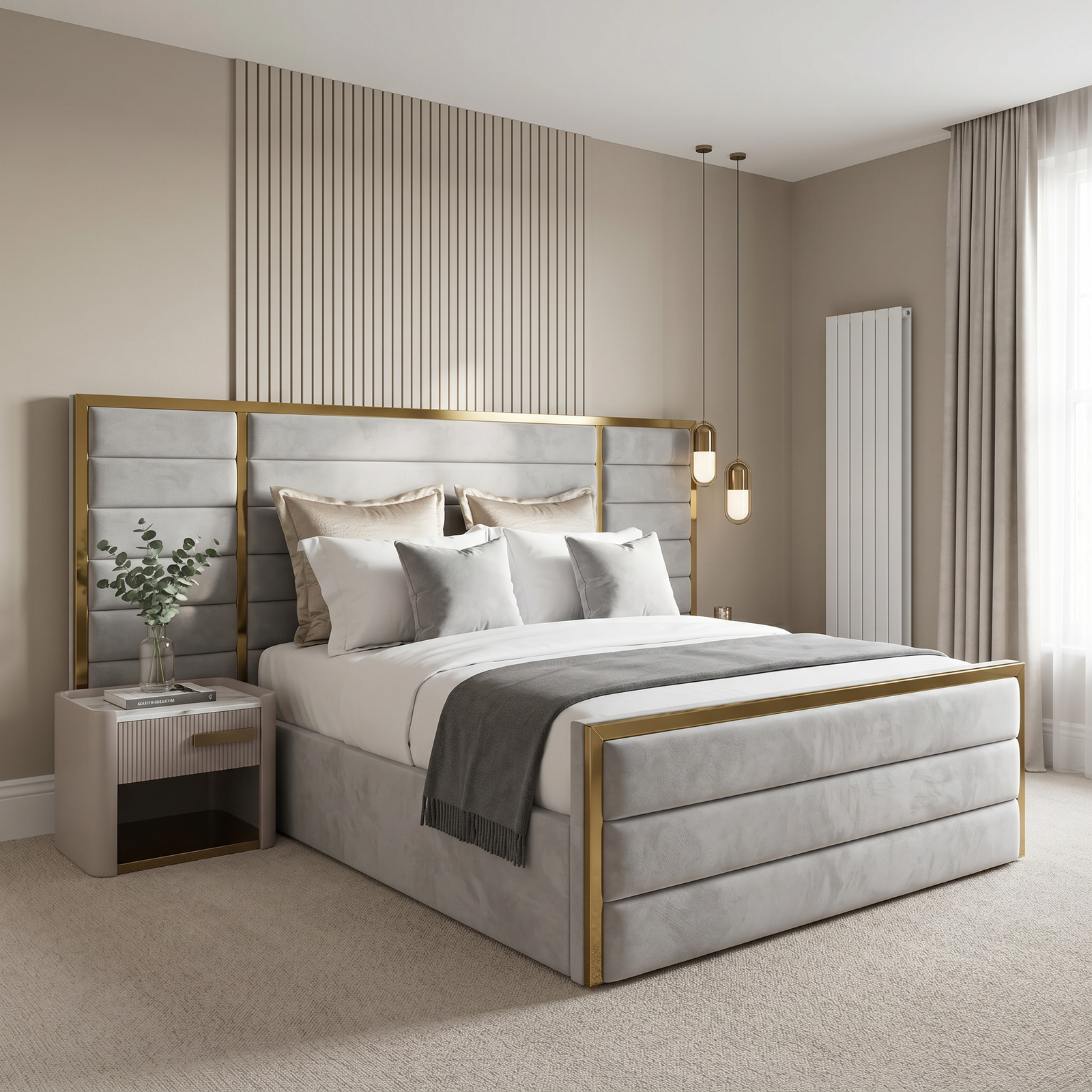 magnific_use-the-provided-bed-imag_2963084525 Brand New Elegant Beds | Wallmount Luxury Beds Collection – Frame with Long Width Headboard & Gold Trim - Image 1