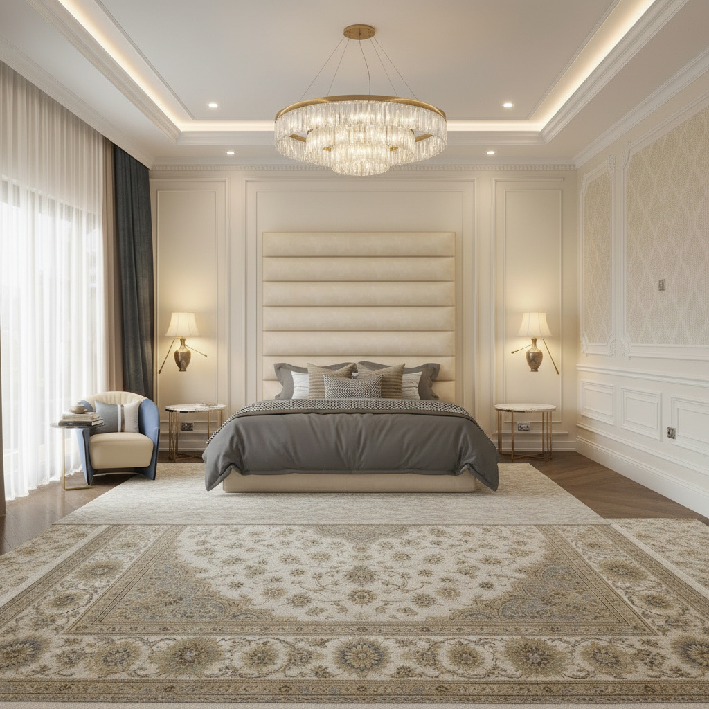 magnific_use-the-provided-room-ref_2960179326 Brand New Elegant Wallmounted Beds – Champagne Velvet Luxury Bed with Tall Headboard - UK Handcrafted - Image 1