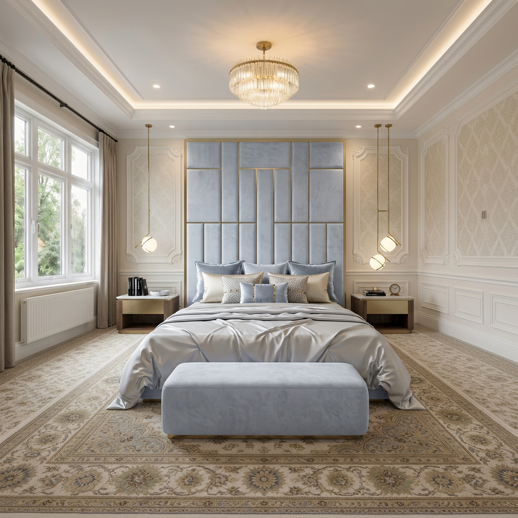 magnific_use-the-provided-room-ref_2960203869 Brand New Elegant Luxury Beds – Wallmounted Beds with Tall Headboard & Gold Trim - UK Handcrafted - Image 1