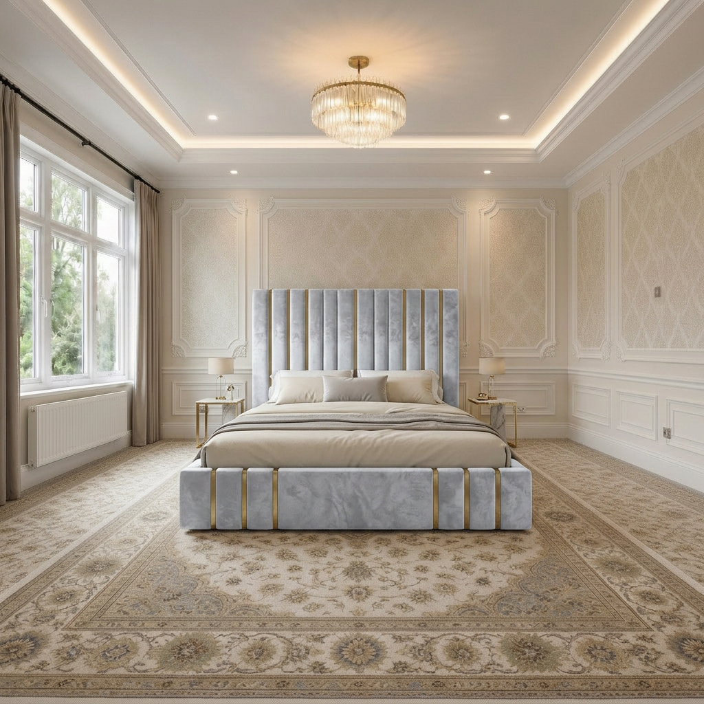 magnific_use-the-provided-room-ref_2960223538 Brand New Elegant Luxury Beds – Wallmounted Beds Silver Velvet Vertical Tufted Frame with Gold Trim - Image 1