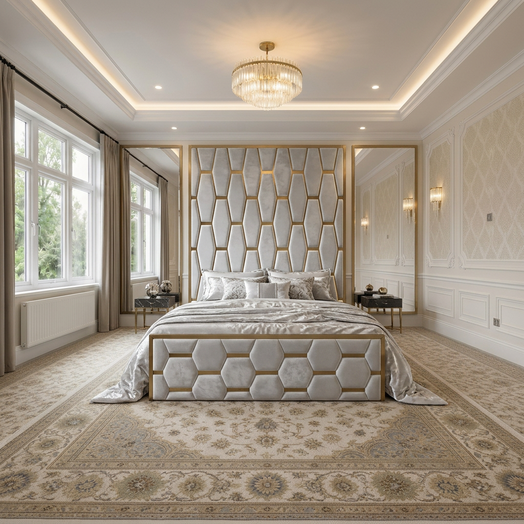 magnific_use-the-provided-room-ref_2960236233 Brand New Elegant Luxury Beds – Wallmounted Beds with Full Tall Wallmount Headboard & Geometric Gold Frame - UK Handcrafted - Image 1