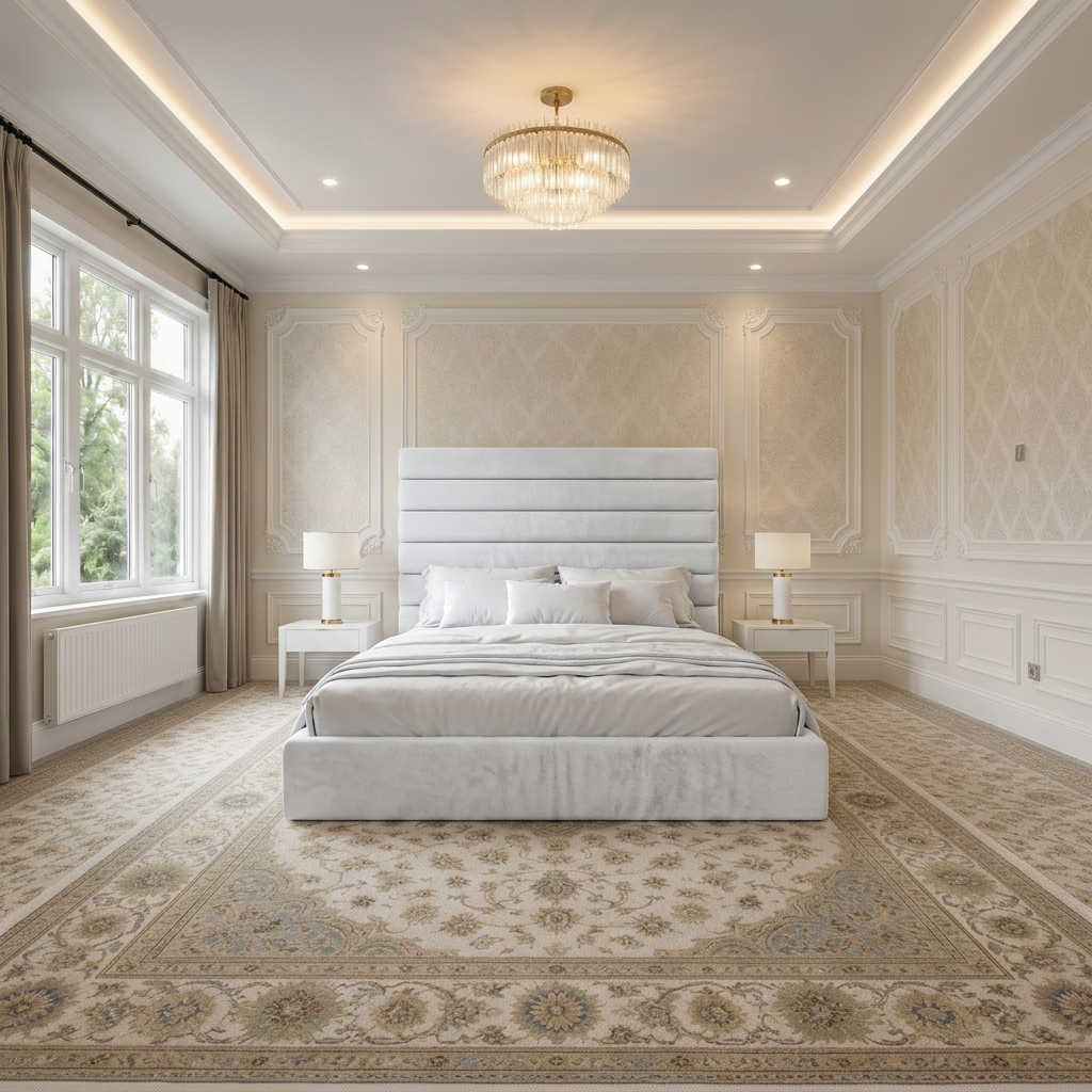 magnific_use-the-provided-room-ref_2960248797 Brand New Elegant Luxury Beds – Wallmounted Beds White Velvet Horizontal Channel Frame - Handmade in UK - Image 1
